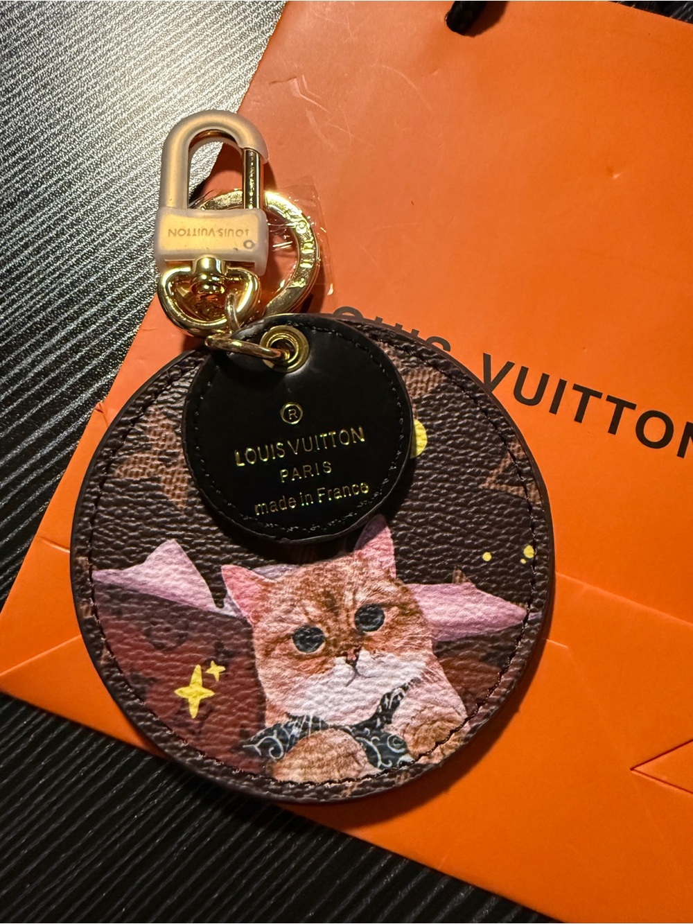 Louis Vuitton Brown & Pink Cat Round Charm with Gold Hardware